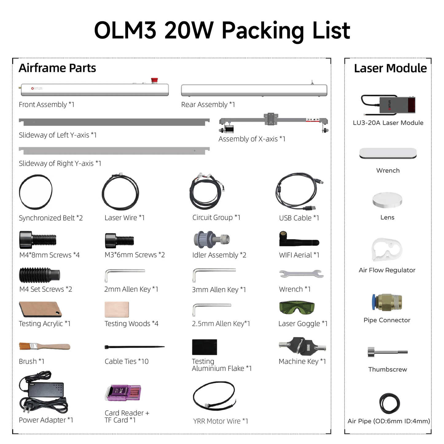 Ortur Laser Master 3 (LM3) Laser Engraving & Cutting Machine OLM3 20W Packing List
