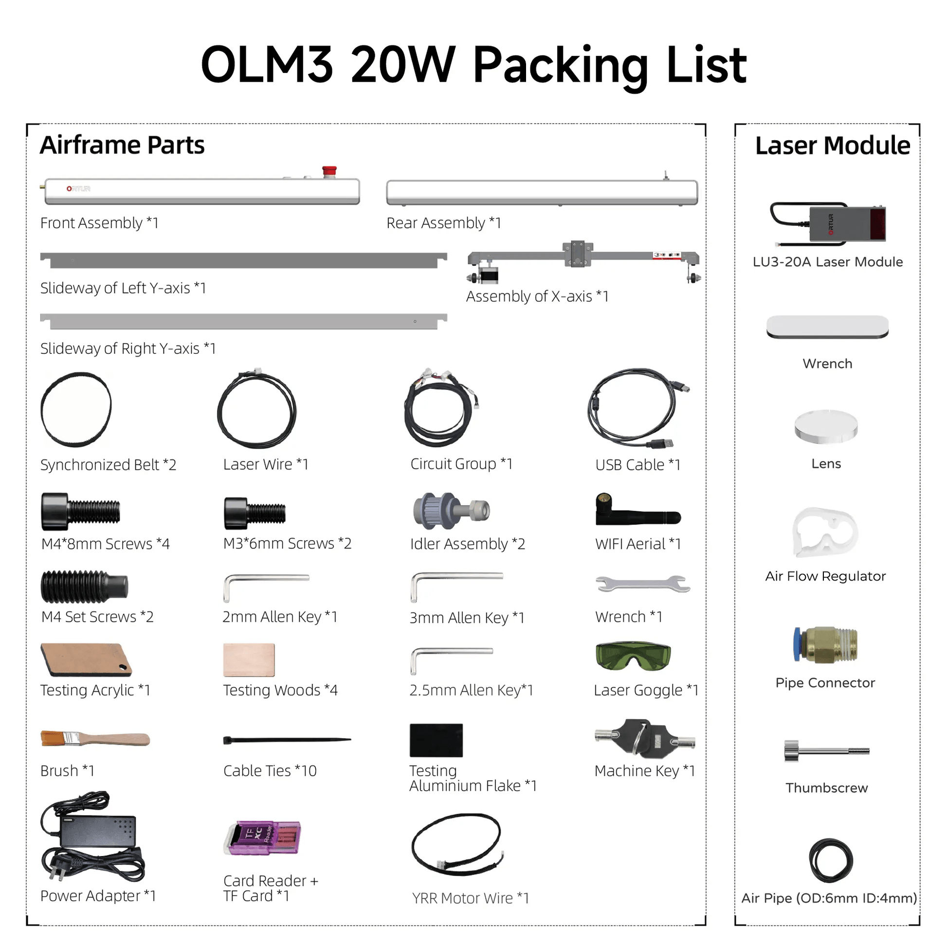 Ortur Laser Master 3 (LM3) Laser Engraving & Cutting Machine OLM3 20W Packing List